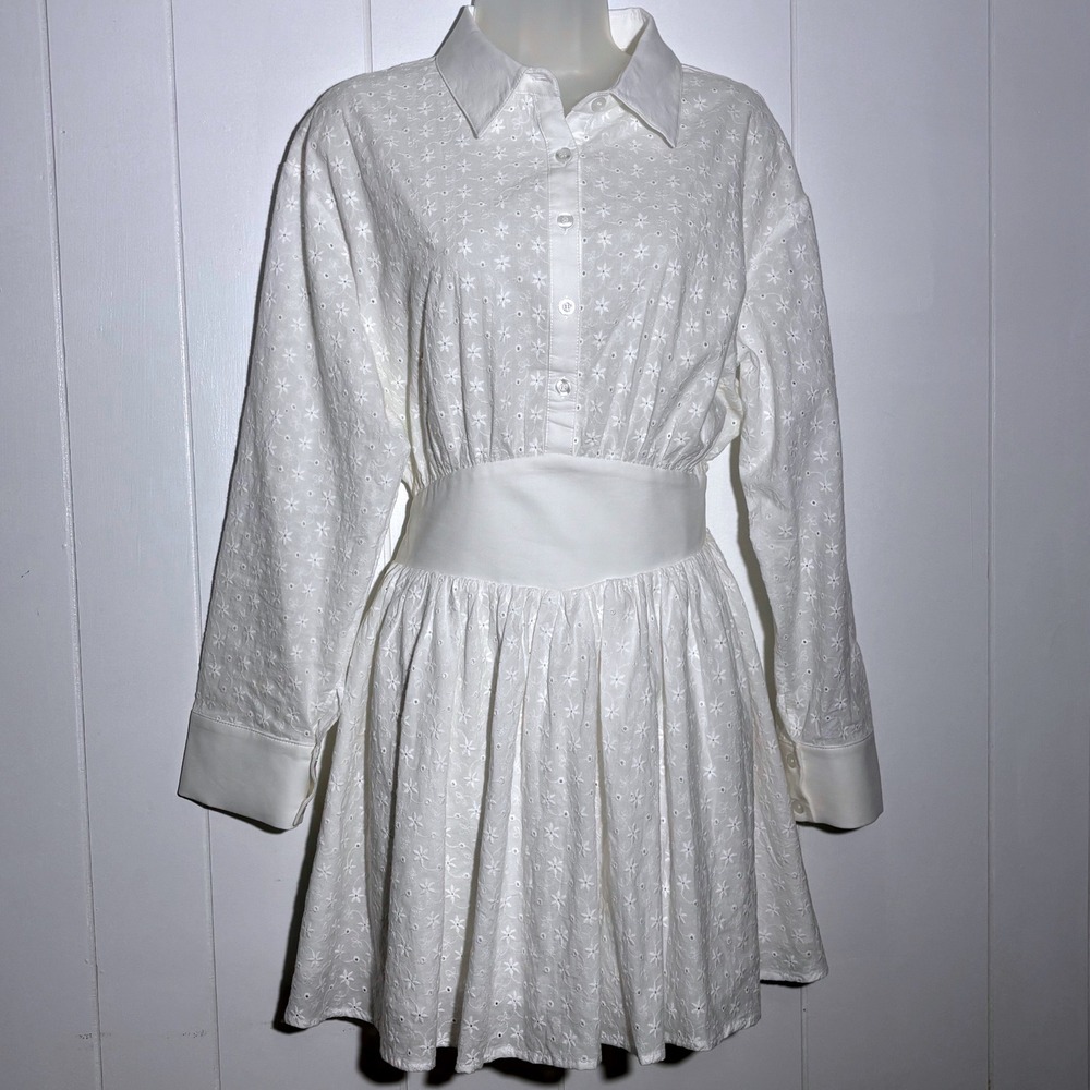 Miss Circle Gabriella White Eyelet Cotton Button Up Mini Long Sleeve Shirt Dress - Picture 2 of 12